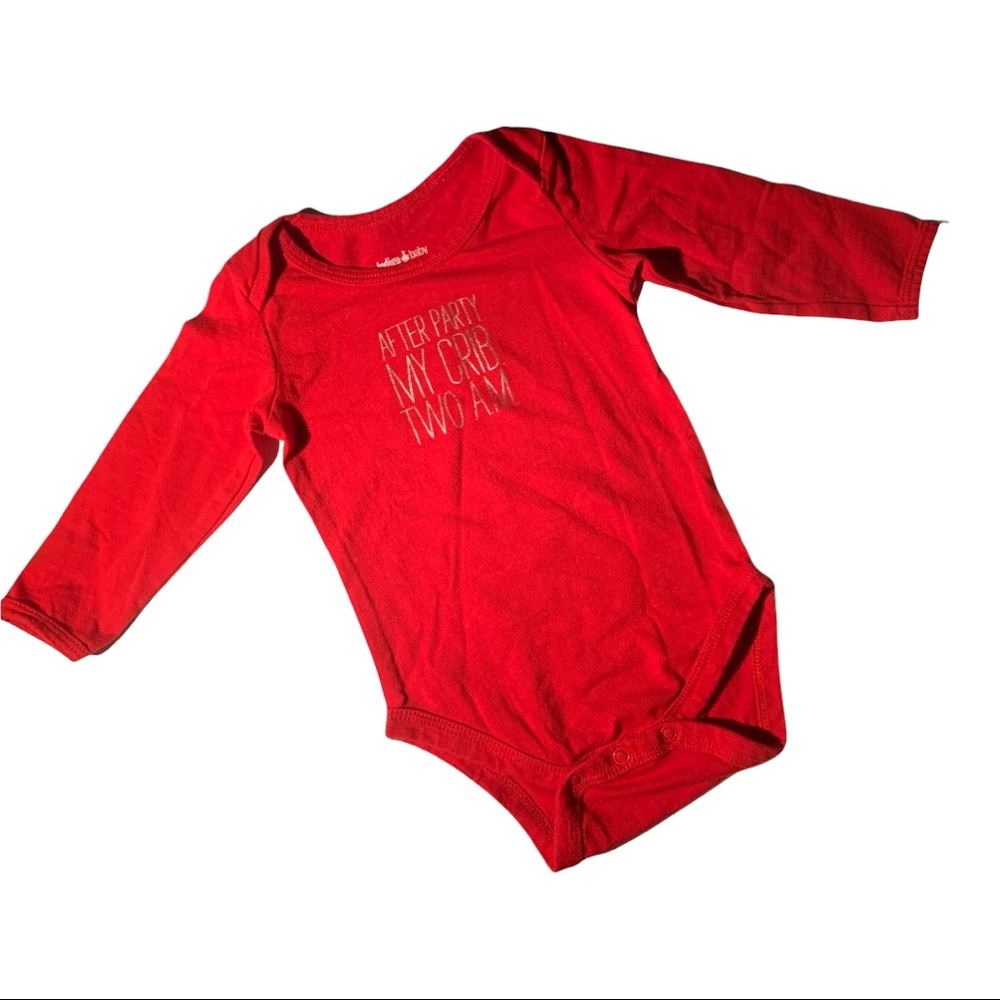 Indigo Baby “After Party My Crib” Red Long Sleeve Onesie Bodysuit 6-12 Months
